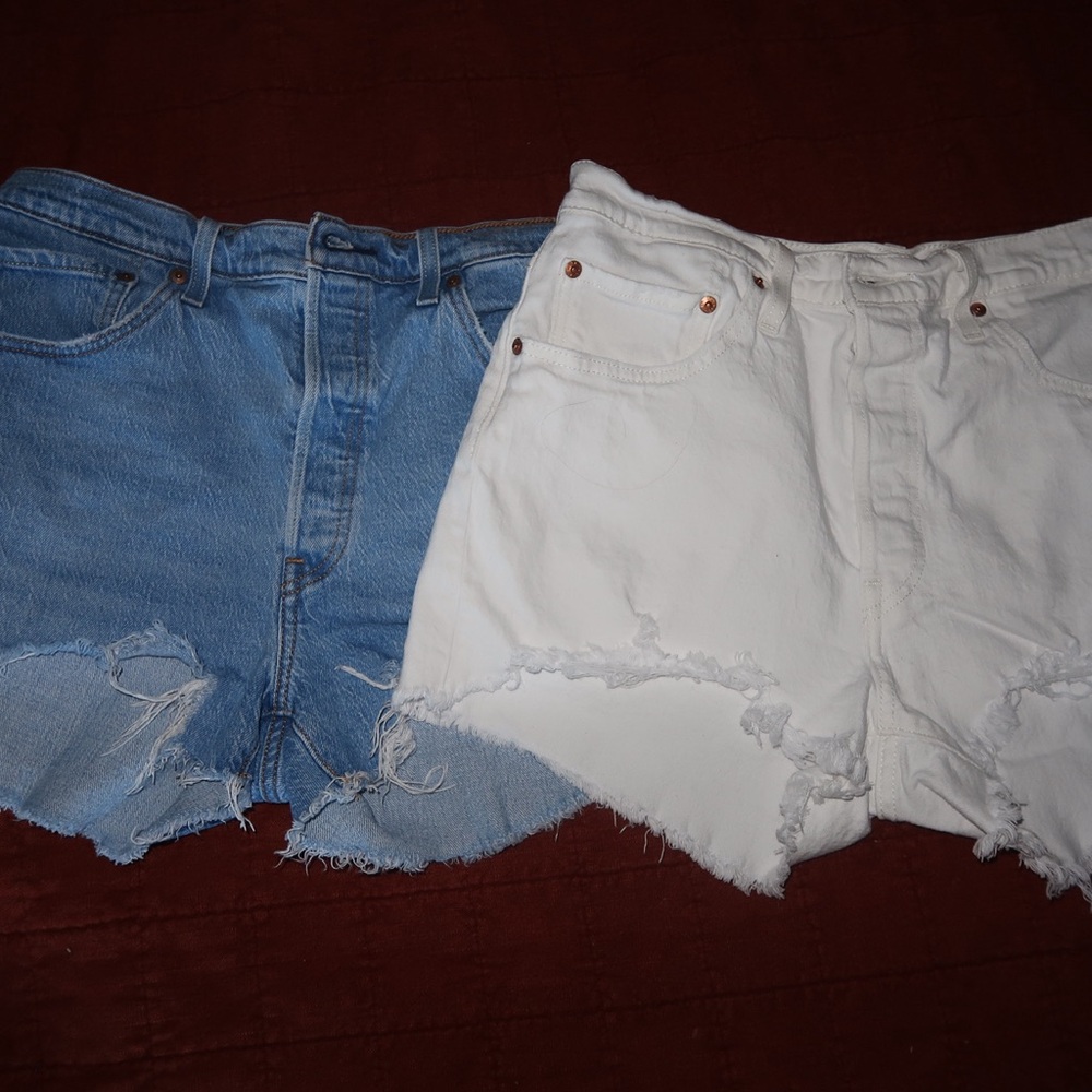 Levi's Distressed Denim Shorts in White and Light Blue